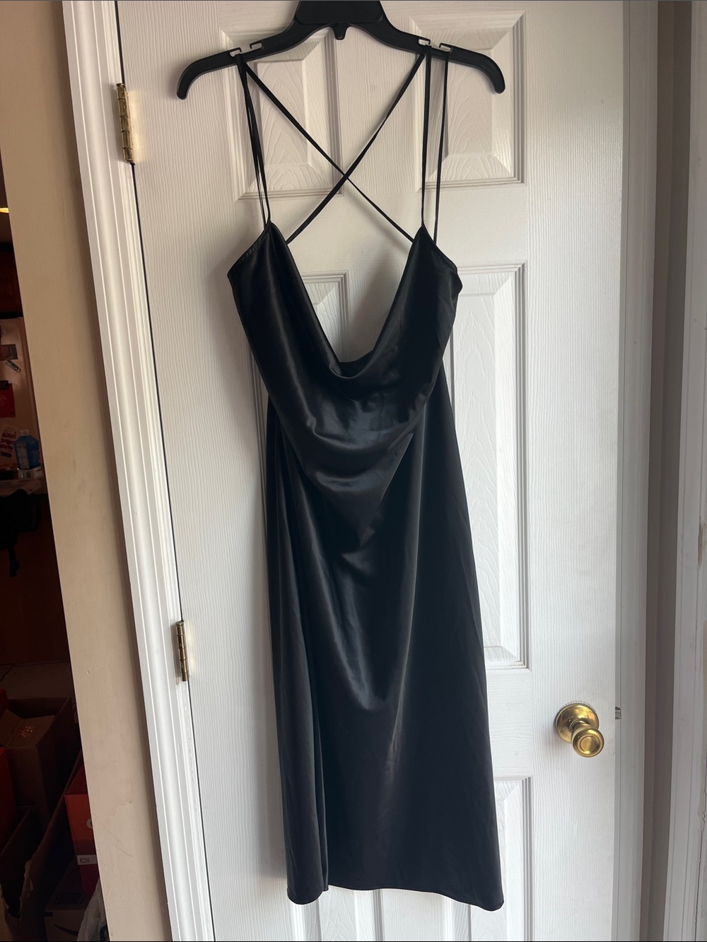 Divided Black Satin Midi Slip Dress with Crisscross Straps